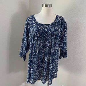 Michael Kors Womens 1X Floral Tunic Top Blue White 3/4 Sleeve Blouse Shirt